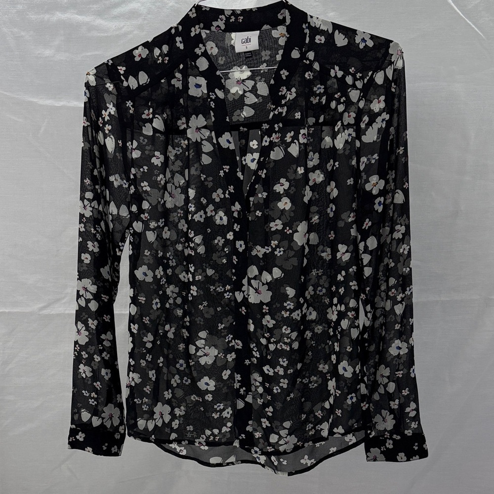 CAbi Sheer S Black w/ White Floral Blouse